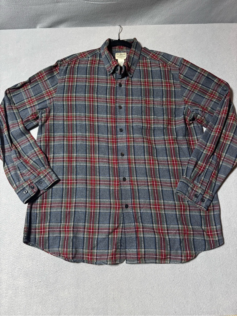LL Bean Men's Gray and Red Plaid Button-Up Shirt Size L